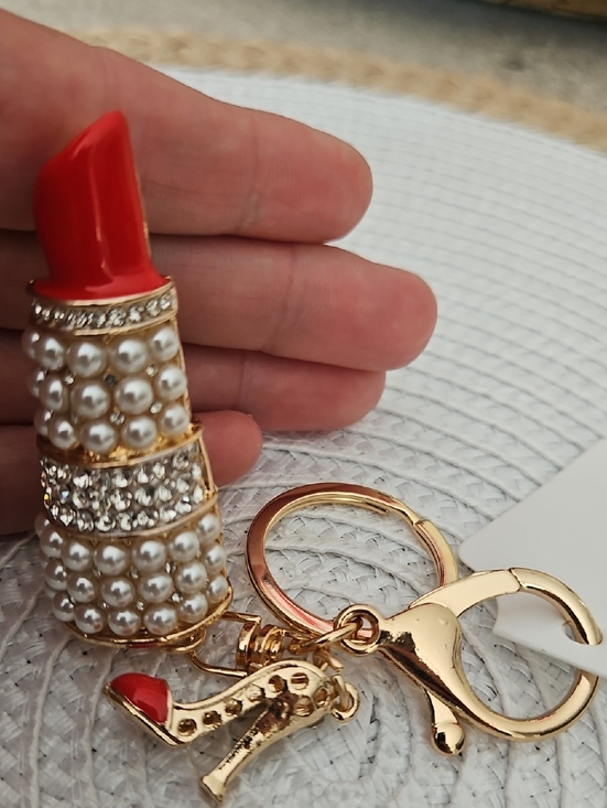 Accessories - Gold Lipstick And Heel Keychain with Red Accent and Pearl/Rhinestone Detail